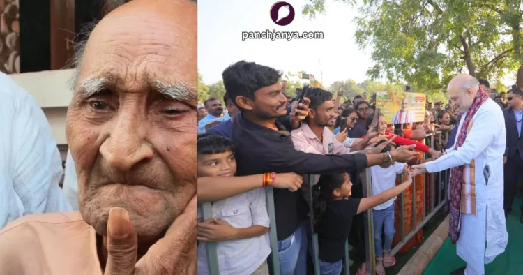 श्री जीवनभाई पटेल (बाएं) और गांधीनगर के सेक्टर-27 में नवनिर्मित बगीचे के लोकार्पण के बाद लोगों से मिलते केन्द्रीय गृह एवं सहकारिता मंत्री अमित शाह (दाएं)।