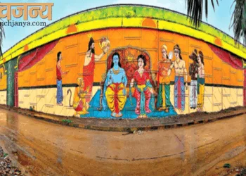 अयोध्या नगरी में नवनिर्मित फ्लाइओवर पर राम दरबार का चित्रण