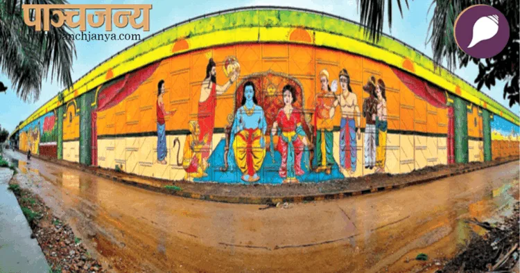अयोध्या नगरी में नवनिर्मित फ्लाइओवर पर राम दरबार का चित्रण