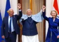 यूरोपीय परिषद के अध्यक्ष अंतोनियो और यूरोपीय आयोग की प्रमुख उर्सुला वॉन डेर लेयेन के साथ प्रधानमंत्री नरेन्द्र मोदी
