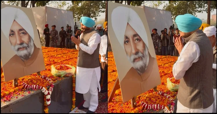 बेअंत सिंह के 104वें जन्मदिन पर केंद्रीय राज्य मंत्री रवनीत सिंह बिट्टू अपने दादा के चित्र पर पुष्प अर्पित करते हुए।