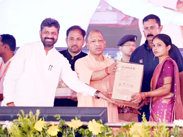 CM Yogi Adityanath addressing a public meeting in Maharajganj UP