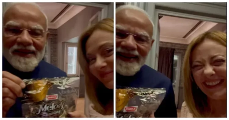 इटली की प्रधानमंत्री जॉर्जिया मेलोनी को मेलोडी गिफ्ट करते प्रधानमंत्री नरेंद्र मोदी।
