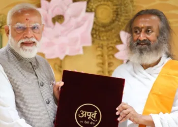 Prime Minister Narendra Modi with Spiritual leader Sri Sri Ravi Shankar during his visit to Art of Living Foundation International Centre as part of the organisation’s 45th Anniversary Celebrations, in Bengaluru on Sunday.