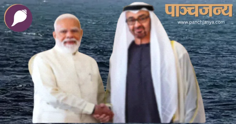 प्रधानमंत्री नरेंद्र मोदी औरसंयुक्त अरब अमीरात के राष्ट्रपति शेख मोहम्मद बिन जायद