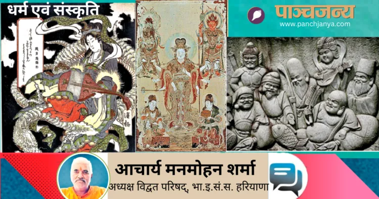 1.जापान में सरस्वती को स्वर्ण रथ में सवार राक्षस का वध करने वाली भी कहा जाता है, 2. टोक्यो के ललित कला विश्वविद्यालय में 1212 ई.की आठ भुजाओं वाली सरस्वती की एक पेंटिंग रखी हुई है 3. जापान के सात शुभ देवता, एबिसु, दाइकोकु (शिव, महाकाल), बेंज़ाइटन (सरस्वती), बिशामोंटेन (वैश्रवण या कुबेर), फुकुरोक्यू, होटेल जुरोजिन हैं।