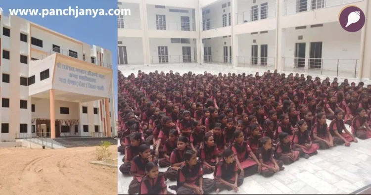 Bhagwati Baiji Datashri addressing girls at Sri Rajeshwar Bhagwan Anjani Mata Kanya Gurukul Pali