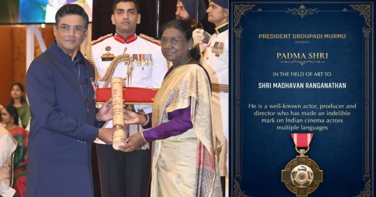 प्रख्यात अभिनेता आर माधवन को पद्म सम्मान देतीं राष्ट्रपति द्रौपदी मुर्मु