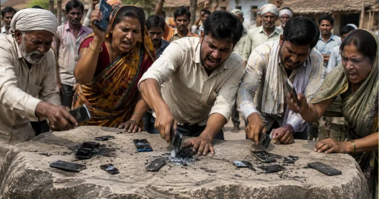 गांव वाले ईंट-पत्थरों से अपने फोन तोड़ते हुए (AI-generated image)
