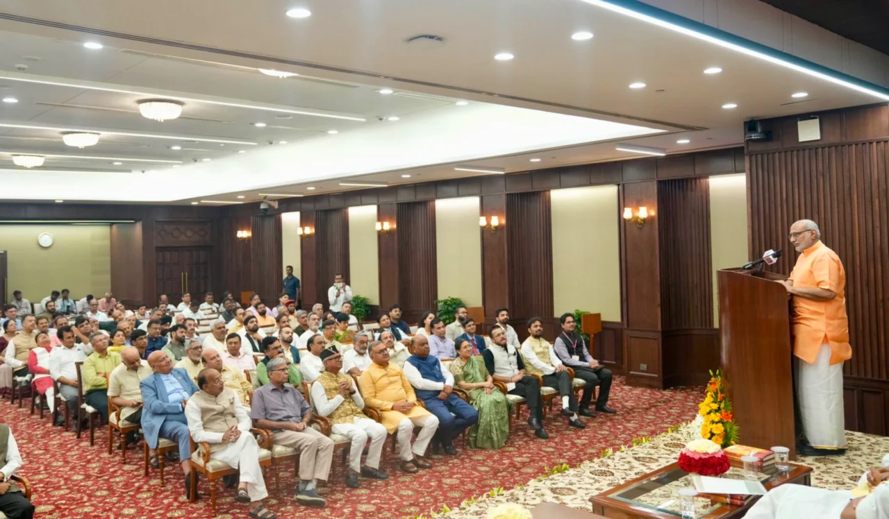 vp cp radhakrishnan releases book rss at 100 ek sadi sankalp ki in delhi