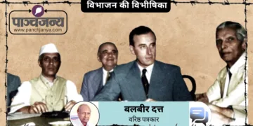 1947 की एक बैठक के दौरान जवाहर लाल नेहरू, लार्ड माउंटबेटन और मोहम्मद अली जिन्ना
