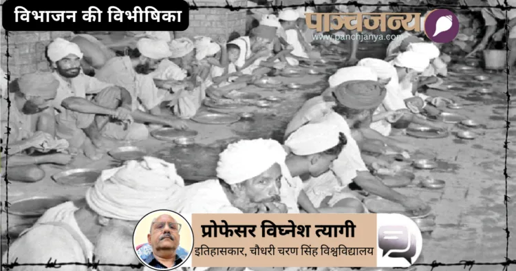 राहत शिविर में भोजन करते लोग
