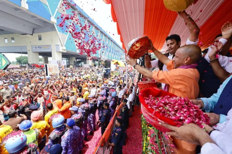 CM Yogi Showering Flowers On Kanwar Yatra Devotees Meerut Helicopter Panchjanya