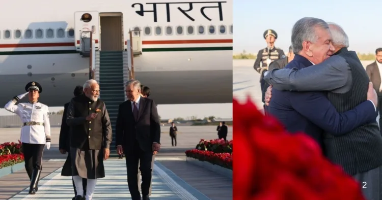 ताशकंद पहुंचने पर प्रधानमंत्री नरेंद्र मोदी का स्वागत करते उज्बेकिस्तान के राष्ट्रपति शौकत मिर्जियोयेव।