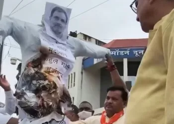 राहुल गांधी का पुलता फूंकते भाजपा अनुसूचित जाति मोर्चा के कार्यकर्ता
