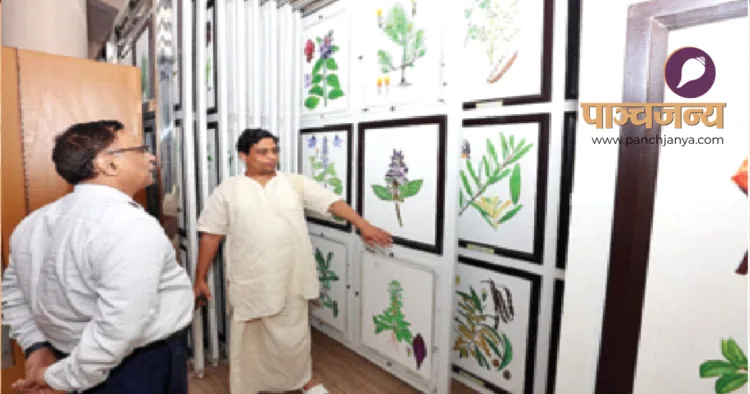 पतंजलि अनुसंधान फाउंडेशन में आचार्य बालकृष्ण चित्रों को दिखाते हुए।