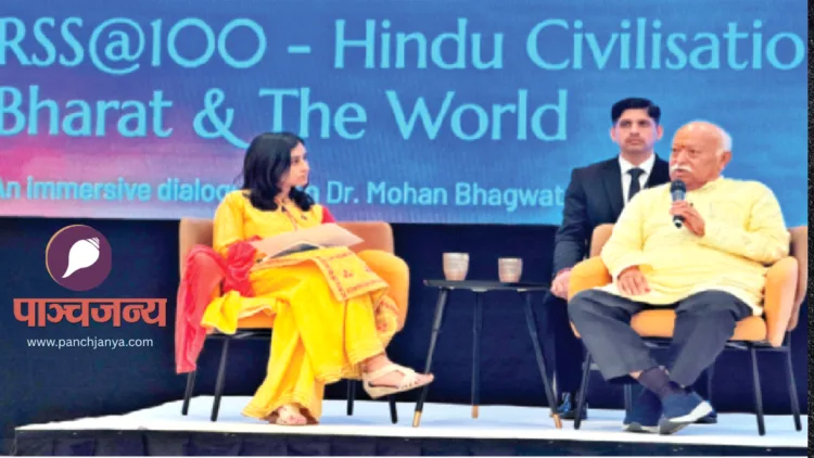 लंदन में आयोजित ‘एकात्मता का उत्सव’ कार्यक्रम में प्रश्नों के उत्तर देते हुए श्री मोहनराव भागवत। साथ में मंच संचालक ममता सुब्रह्मण्यम