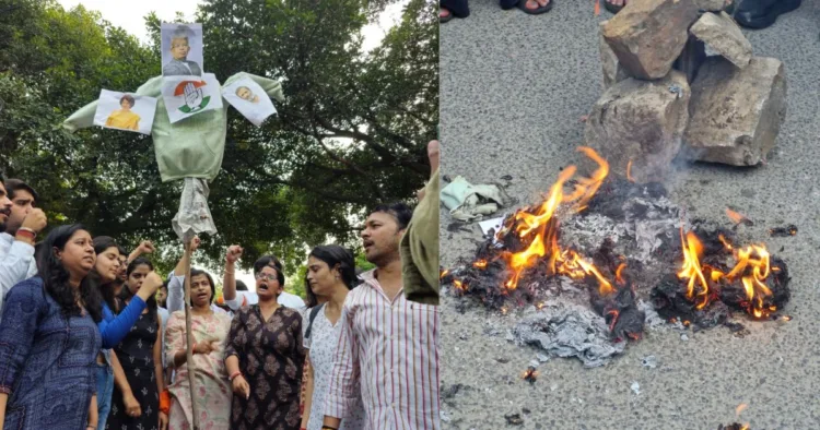 JNU के मुख्य द्वार पर अभाविप कार्यकर्ताओं का विरोध प्रदर्शन और पुतला दहन।