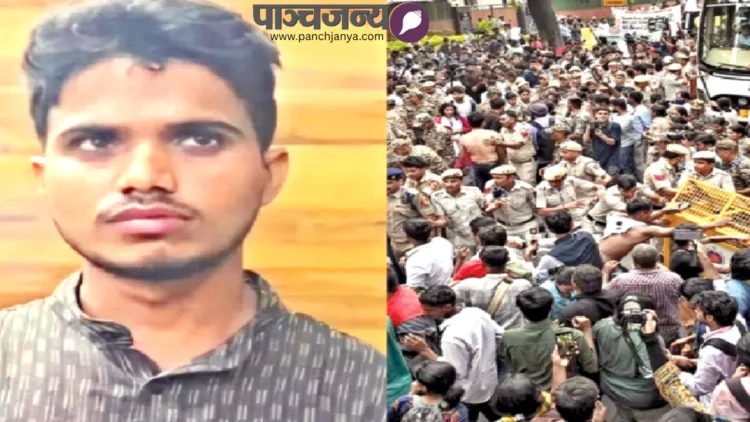 एआई का इस्तेमाल कर फर्जी वीडियो बनाने वाला स्वयंभूम पत्रकार नदीम पुलिस के हत्थे चढ़ा (प्रकोष्ठ में)। वीडियो दिल्ली के जंतर-मंतर पर गत 3 अक्तूबर को हुए प्रदर्शन के दौरान बनाया गया था। इसमें एसीपी विवेक भगत को कथित तौर पर महिला पत्रकार से छेड़छाड़ करते हुए दिखाया गया था