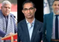 पूर्व उपराष्ट्रपति जगदीप धनखड़ (बाएं), दैनिक जागरण के प्रधान संपादक संजय गुप्त (मध्य) और यानिव रेवाच (दाएं)।
