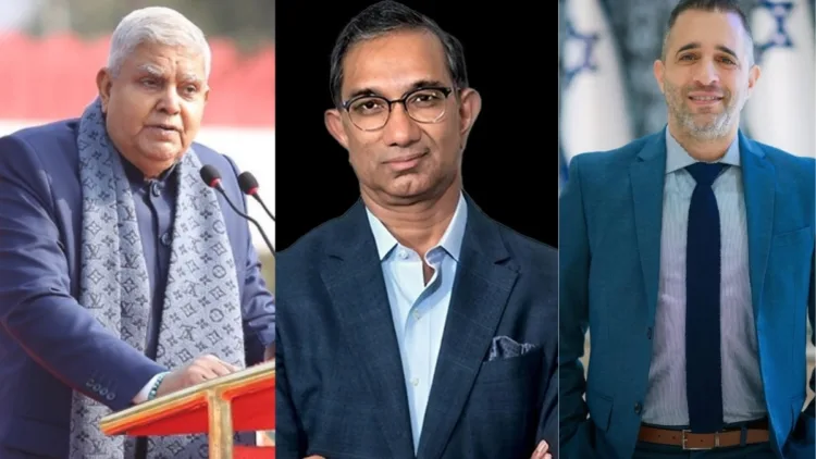 पूर्व उपराष्ट्रपति जगदीप धनखड़ (बाएं), दैनिक जागरण के प्रधान संपादक संजय गुप्त (मध्य) और यानिव रेवाच (दाएं)।